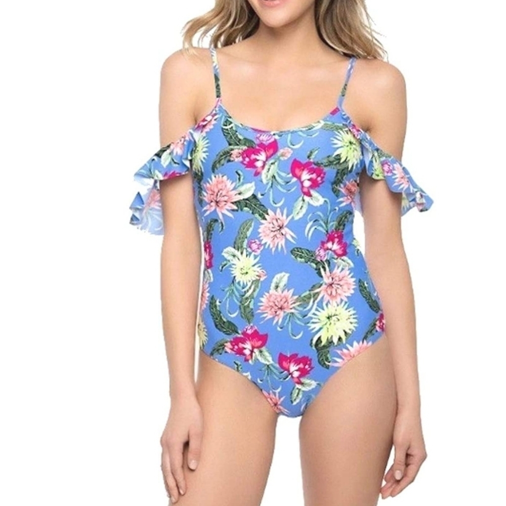 Tori Praver Seafoam Off the Shoulder Ruffle Tropical Print One Piece Blu…